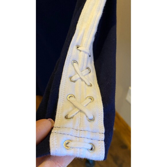 Chaps Blouse Size Large(measures  Med) Top Boat Neck Navy White Lacing on Cuffs - Picture 3 of 10